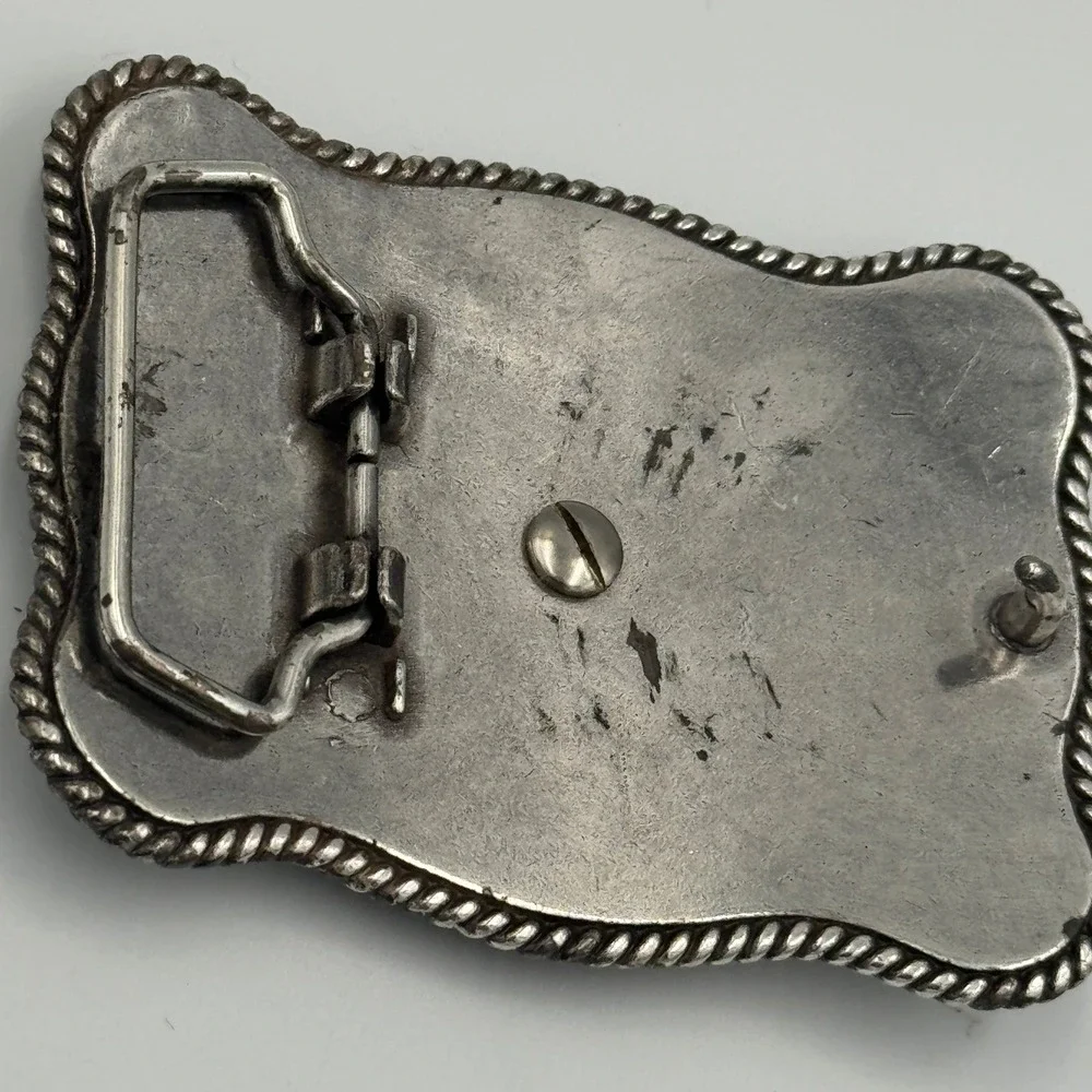 Western Horse Belt Buckle Silver Tone‎ Floral Engraved Rhinestone Border Rodeo